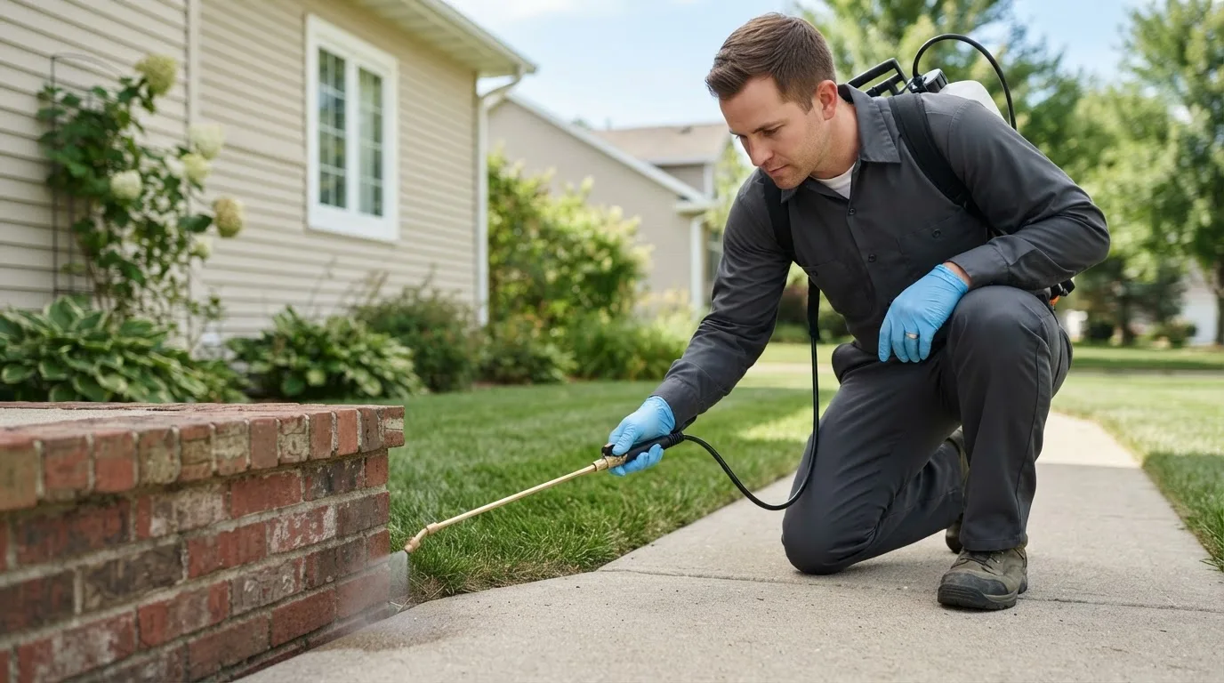 Pest control technician treating a home near Centereach, NY