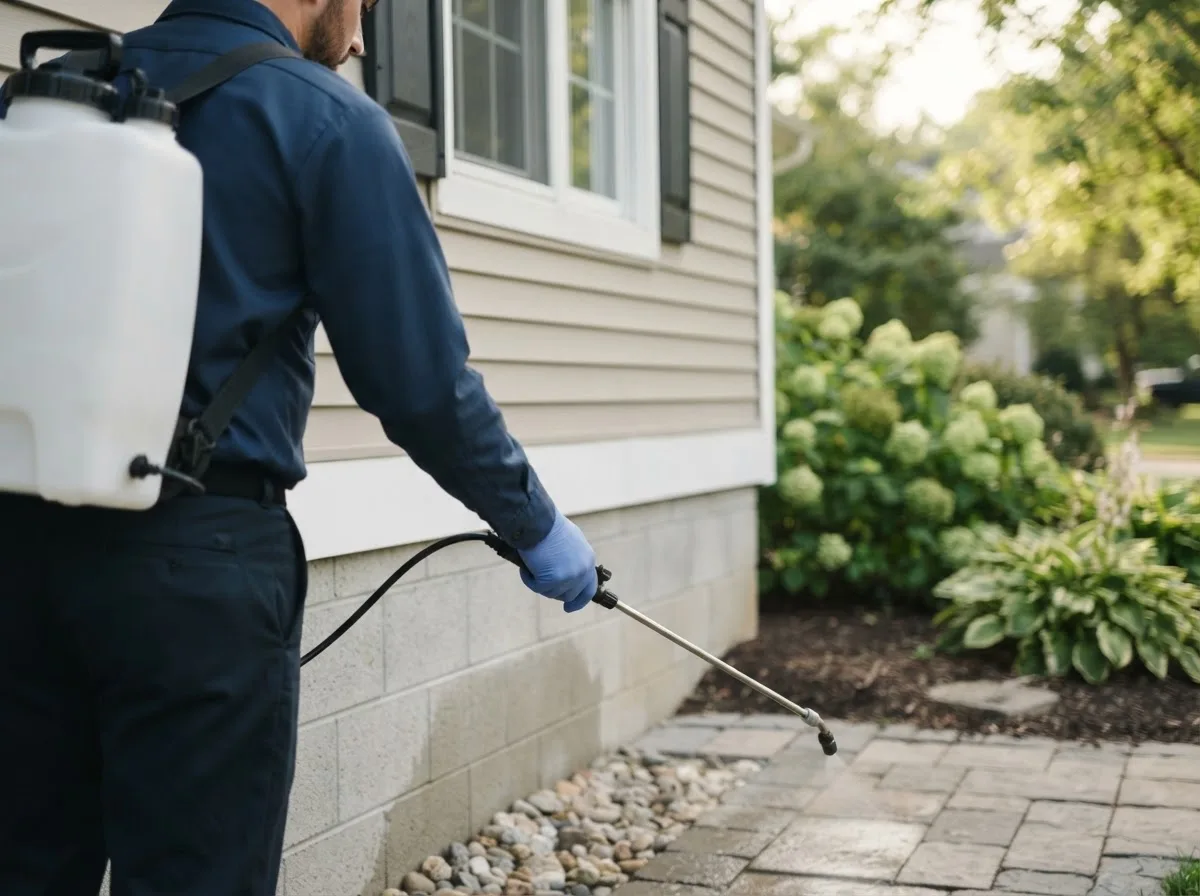 Pest control technician inspecting a home in Centereach, NY
